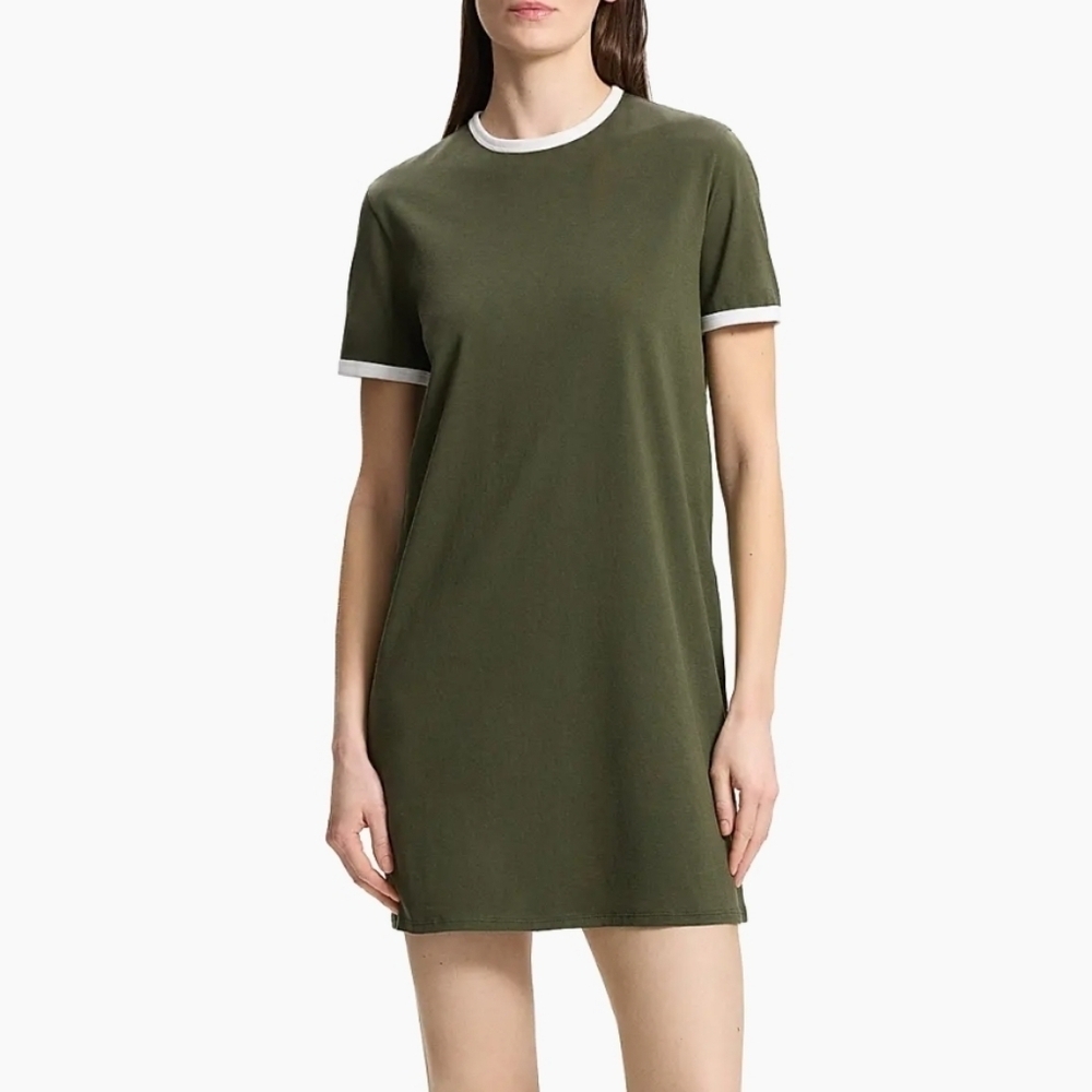 Theory Ringer T Shirt Dress Dark Olive Green White Small